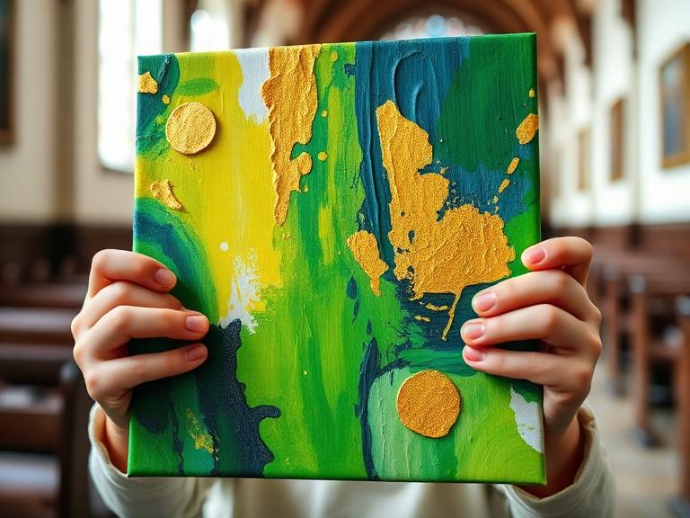 A finished child's painting held up
