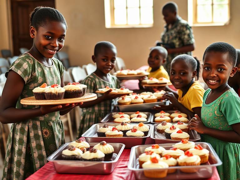 Children running a church bake sale