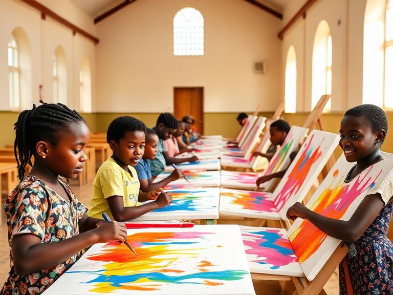 Children painting live on canvases